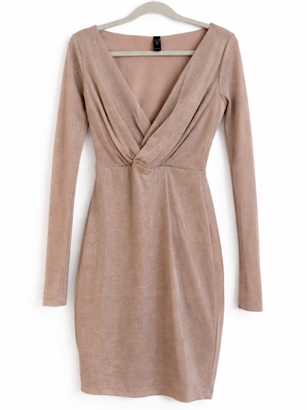 Gold Shimmer Long Sleeve Bodycon Dress – Twist Front Cocktail Dress